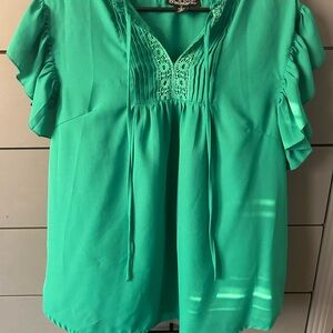 Rouge Collection Green Ruffle Sleeve Women's Top